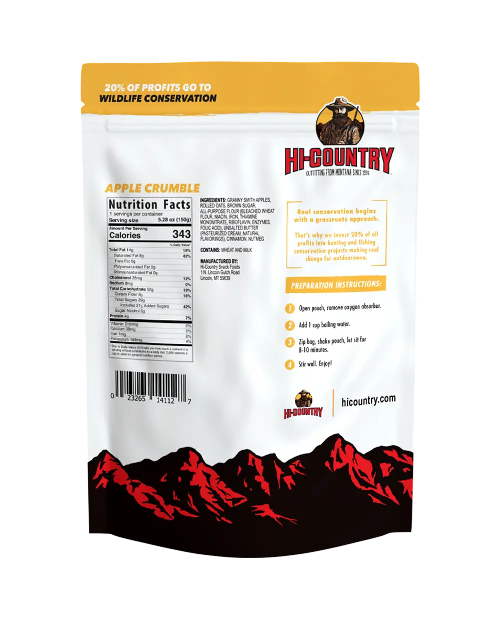 Hi-Country Backcountry Meals - Apple Crumble Nutrition