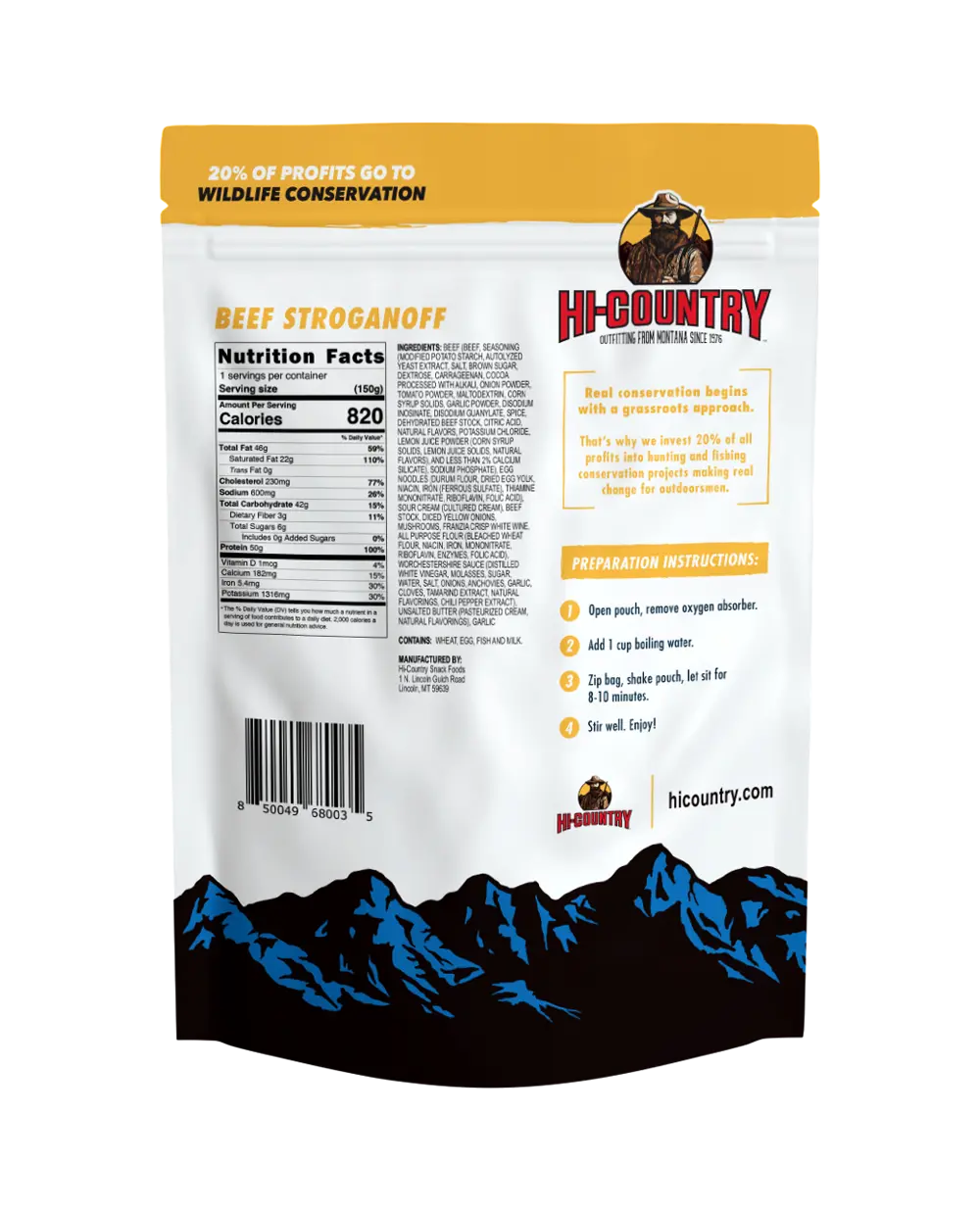 Hi-Country Beef Stroganoff Backcountry Meal Nutrition