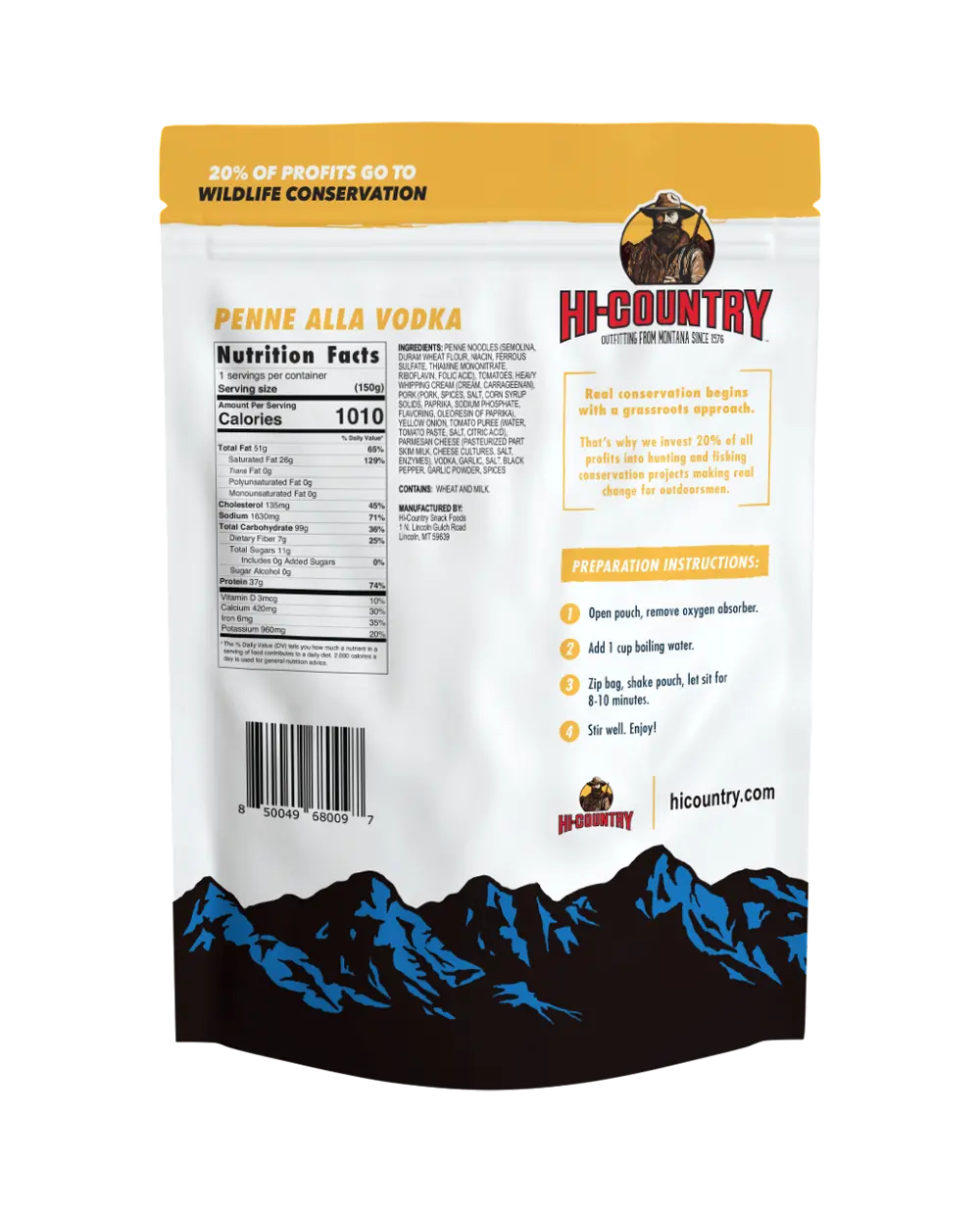 Hi Country - Penne Alla Vodka - Freeze Dried Meal Nutrition