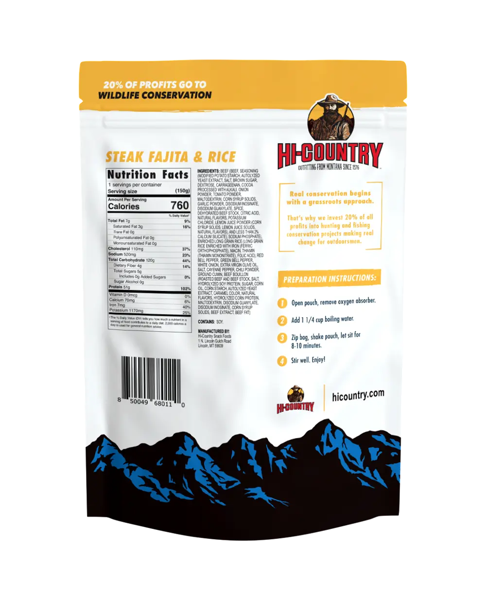 Hi Country - Steak Fajita and Rice - Freeze Dried Meal - Nutrition