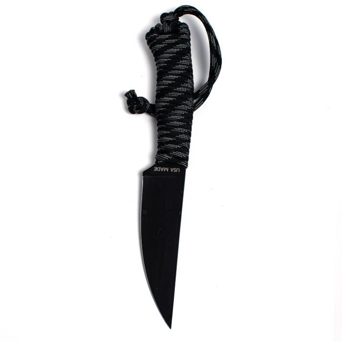Montana Knife Company - Speedgoat Fixed Blade - Black - With Parachute Cord - USA made displayed on front of knife