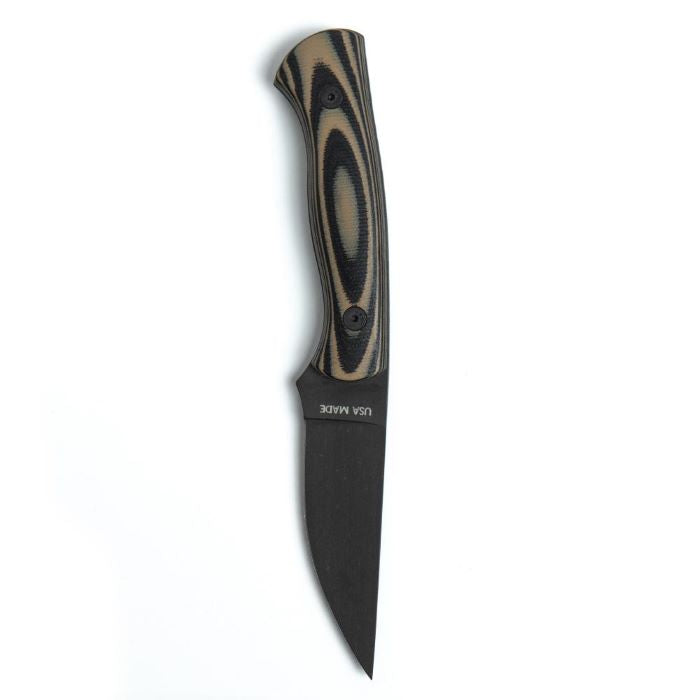 Montana Knife Company - The Blackfoot Fixed Blade 2.0 - Tan and Black - Made in USA laser etched on hilt of handle