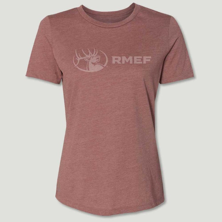 4 circle next to the RMEF letters on a mauve colored tee shirt