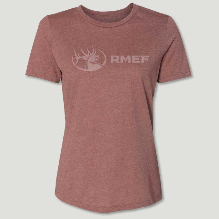 RMEF logo of Elk bugling inside 3/4 circle next to the RMEF letters on a mauve colored tee shirt