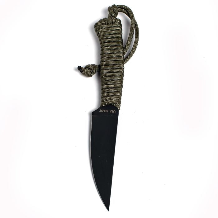 Montana Knife Company - The Speedgoat Fixed Blade - Olive - USA Made laser etched on hilt of knife above the parachute cord handle