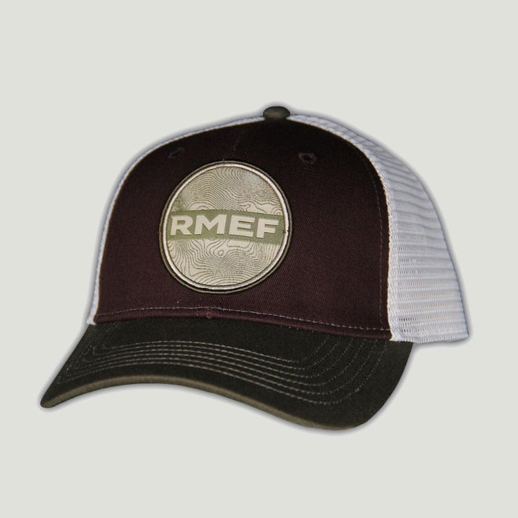RMEF  Brown trucker and mesh backed cap with an RMEF circular patch sewn on the front of the hat