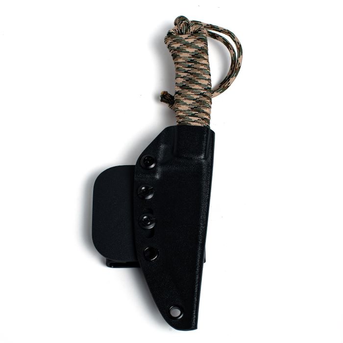 Montana Knife Company - The Speedgoat Fixed Blade - Desert Camo - knife inside of a black Kydex sheath